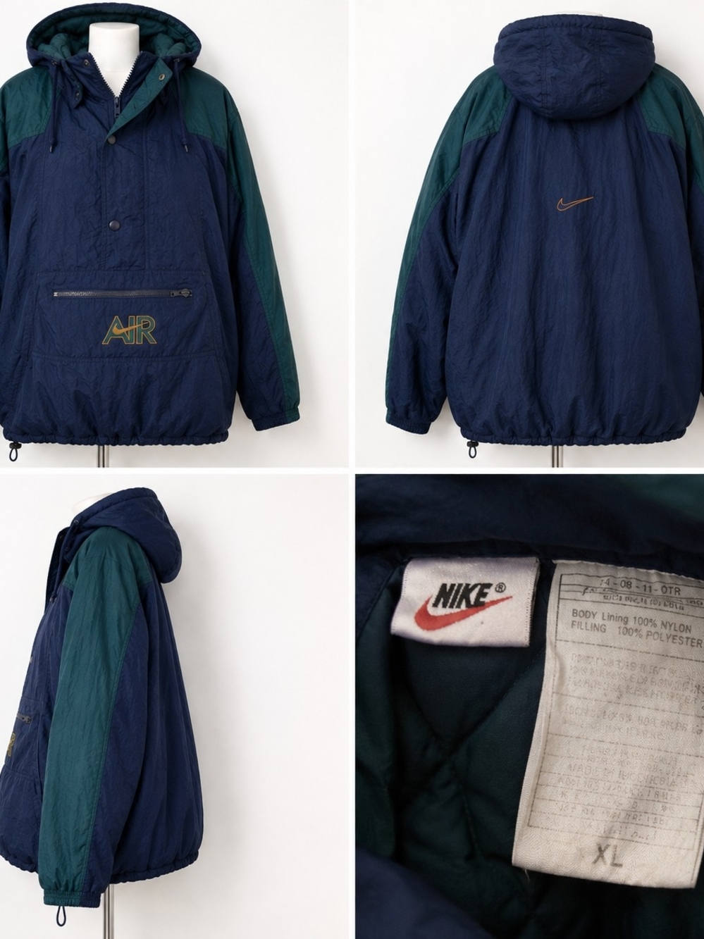 Vintage Nike Air Anorak Windbreaker XL Navy Green Hooded Pullover
